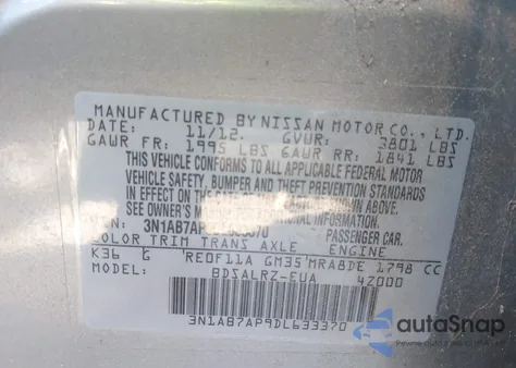 2013 Nissan Sentra Sr z USA, uszkodzony, nr VIN 3N1AB7AP9DL633370